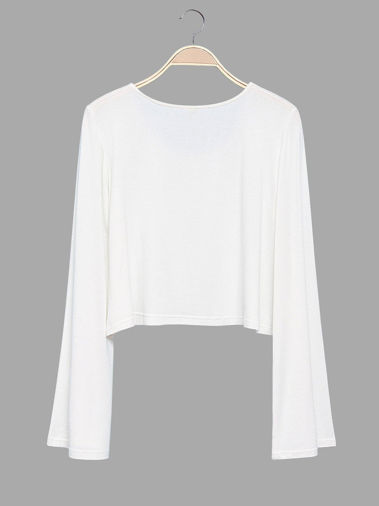 Round Neck Sheer Long Sleeve White Top