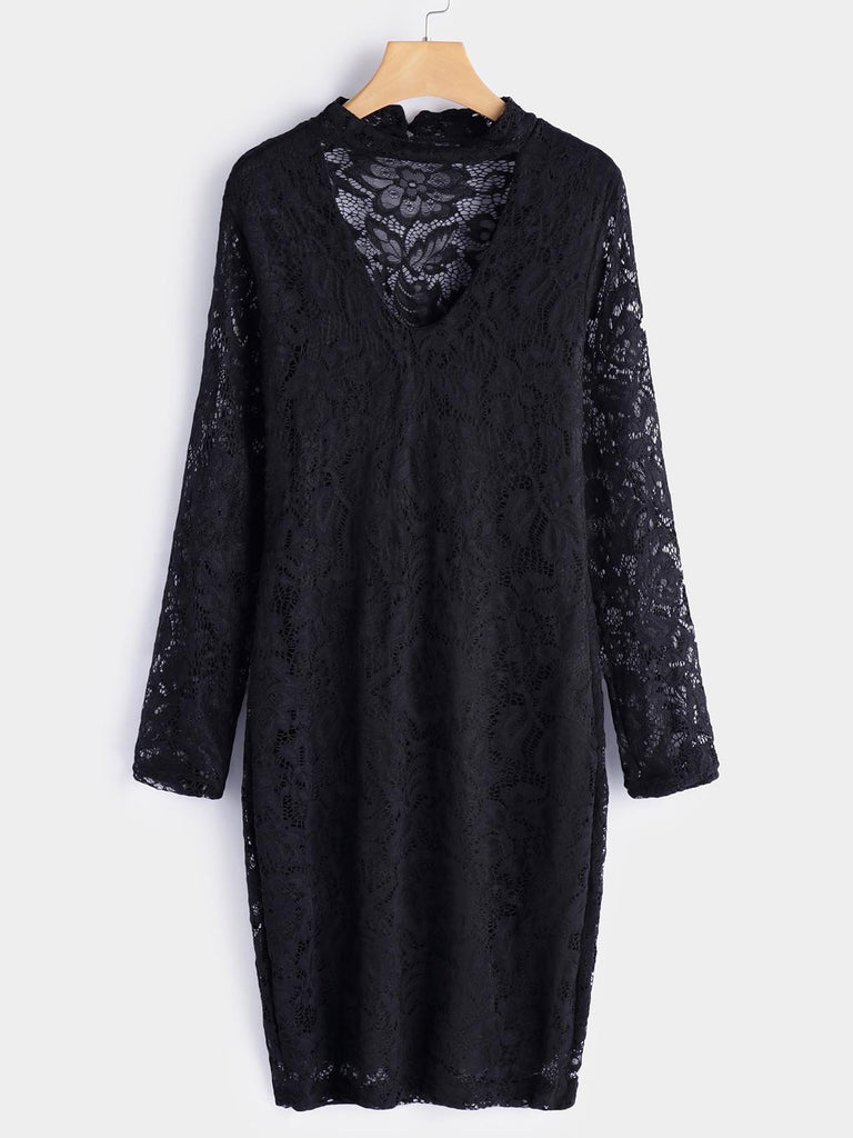 Black V-Neck Long Sleeve Embroidered Crochet Lace Embellished Backless Hollow Midi Dress