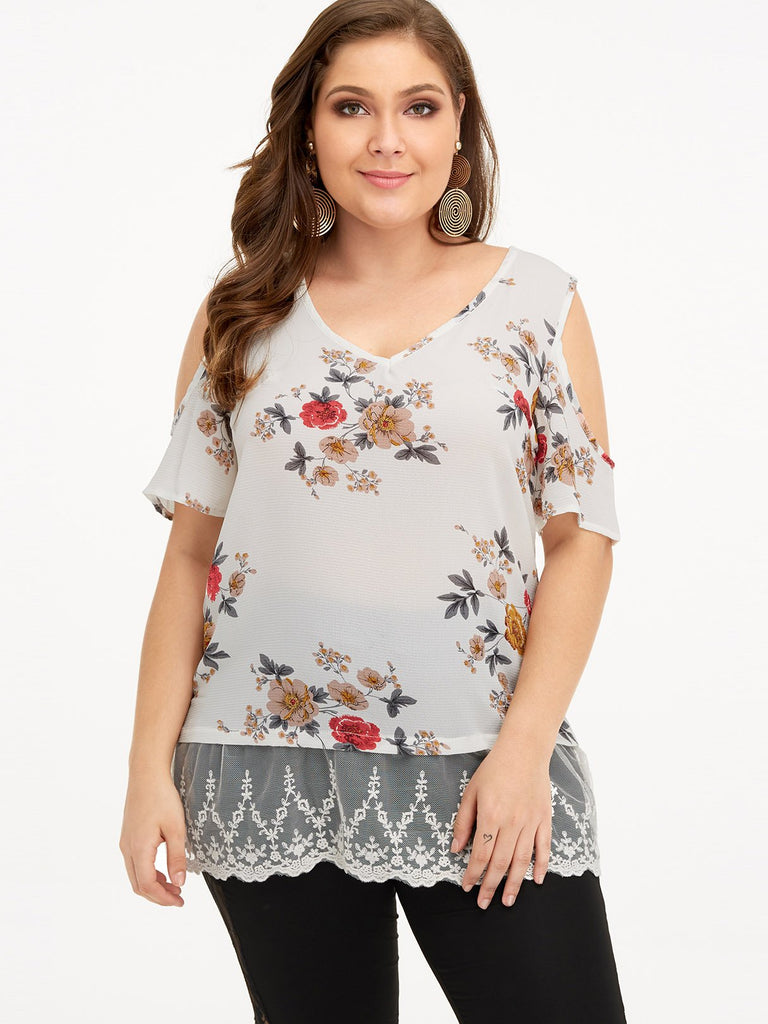 V-Neck Cold Shoulder Floral Print Lace Short Sleeve White Plus Size Tops
