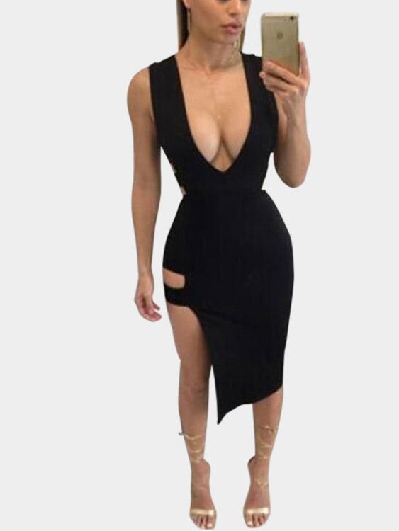Black V-Neck Sleeveless Zip Back Cut Out Slit Hem Sexy Dress