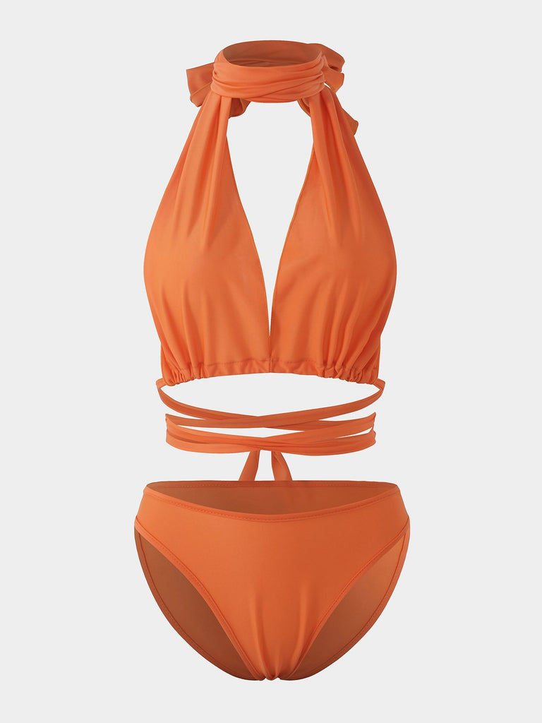 Orange Deep V Neck Sleeveless Plain Crossed Front Backless Lace-Up Partially Lined Two Piece Bikinis
