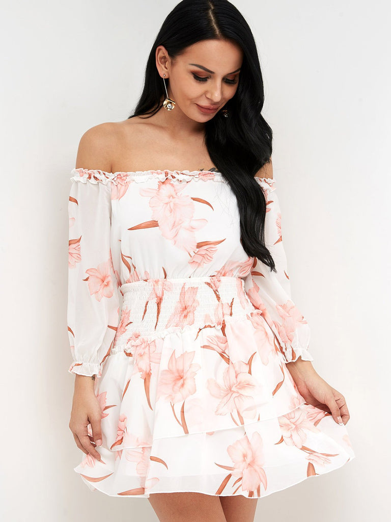 White Off The Shoulder 3/4 Sleeve Length Floral Print Flounced Hem Dresses