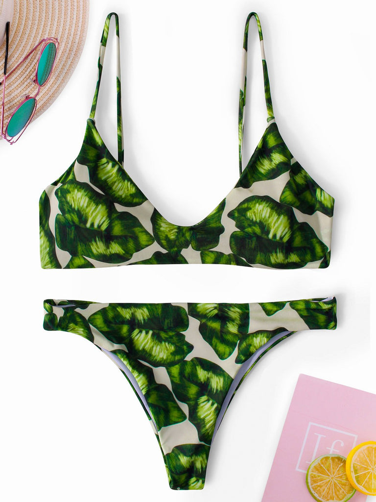 Green Scoop Neck Sleeveless Printed Backless Spaghetti Strap Bikinis