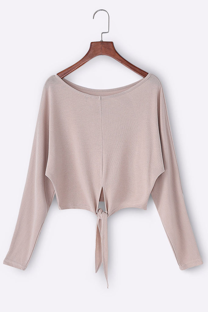 Scoop Neck Plain Cut Out Long Sleeve Khaki T-Shirts