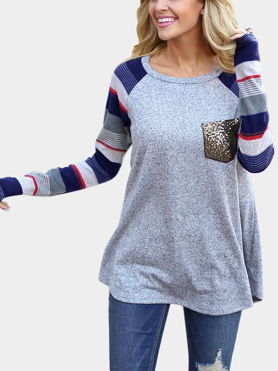 Crew Neck Plain Long Sleeve Grey Fashion Tee