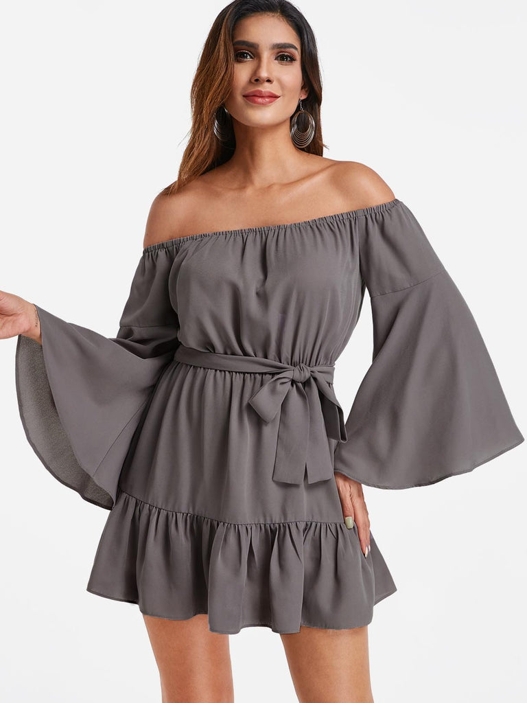 Grey Off The Shoulder Long Sleeve Plain Backless Belt Self-Tie Ruffle Hem Dresses