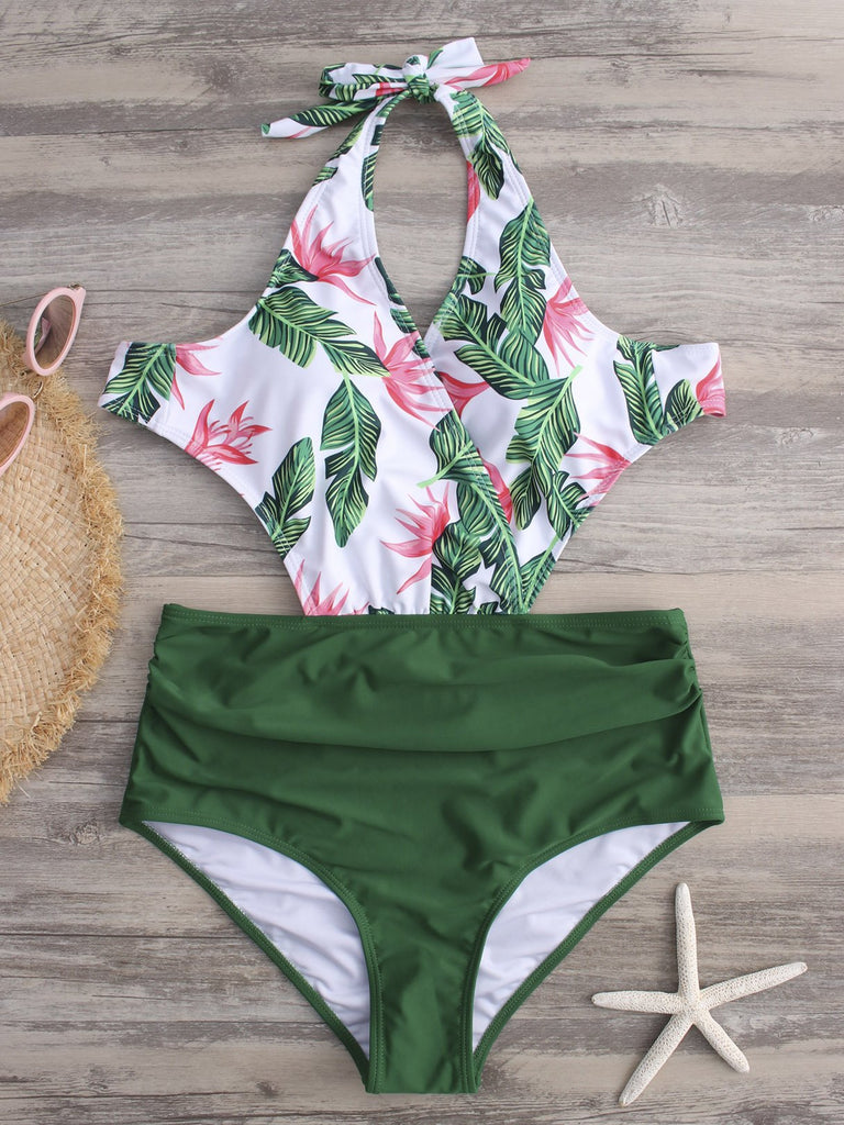 Green V-Neck Sleeveless Floral Print Crossed Front Backless Cut Out Tie-Up Bikinis
