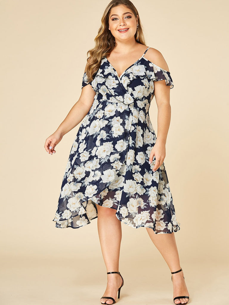 Cold Shoulder Floral Print Ruffle Trim Short Sleeve Flounced Hem Plus Size Dress