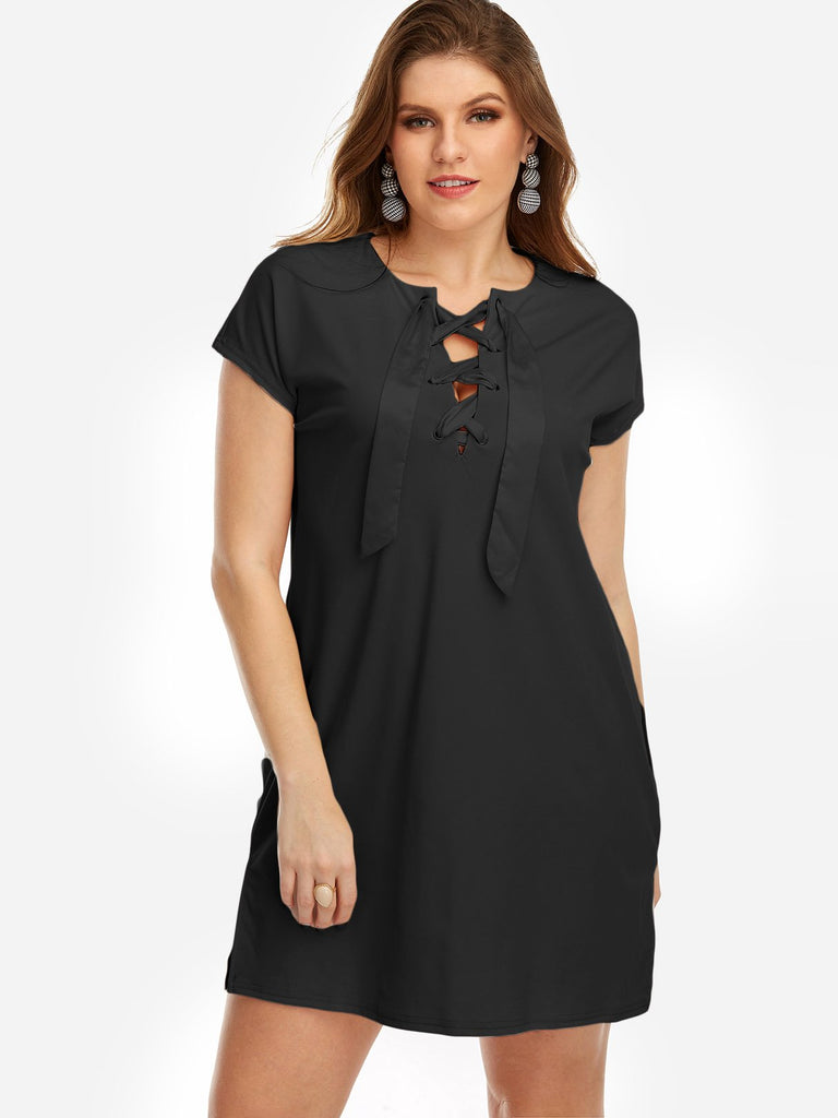 V-Neck Plain Lace-Up Short Sleeve Curved Hem Black Plus Size Dresses
