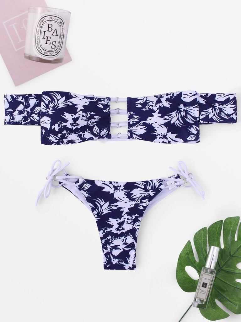 Off The Shoulder Sleeveless Floral Print Bikinis
