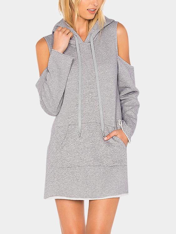 Grey Crew Neck Cold Shoulder Long Sleeve Plain Hooded Casual Dresses