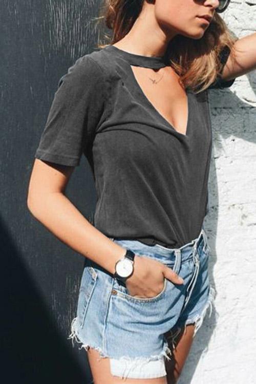 Crew Neck Cut Out Short Sleeve Grey T-Shirts