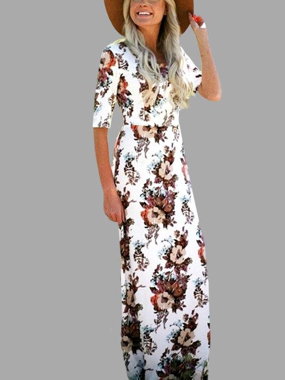 Half Sleeve Floral Print Maxi Dresses