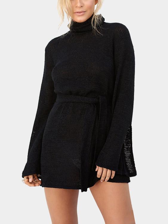 Black High Neck Long Sleeve Plain Casual Dresses