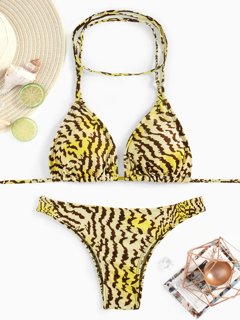 V-Neck Leopard Backless Lace-Up Sleeveless 2 Piece Bikini