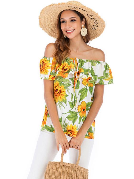 Off The Shoulder Floral Print Short Sleeve Blouse