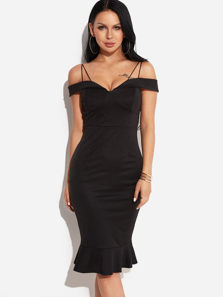 Black V-Neck Cold Shoulder Sleeveless Plain Midi Dresses