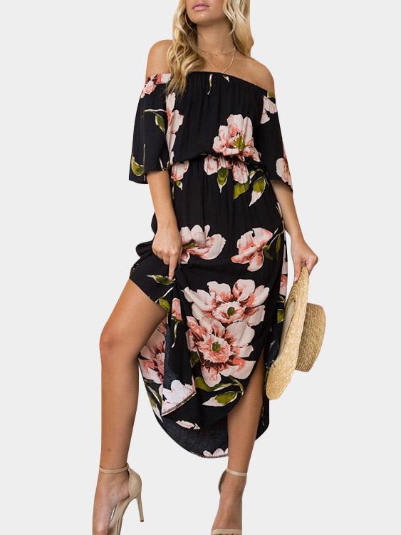 Off The Shoulder Half Sleeve Floral Print Slit Hem Dresses