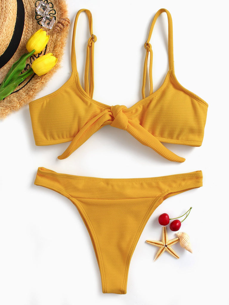 Orange Scoop Neck Sleeveless Plain Tie-Up High Waist Two Piece Bikinis
