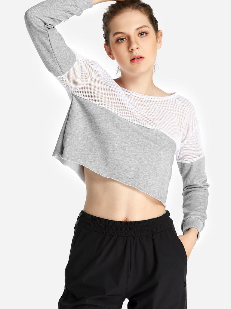 Round Neck Fishnet Long Sleeve Grey T-Shirts