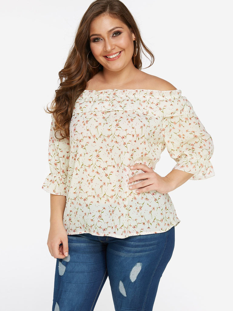 Off The Shoulder Floral Print Calico Backless 3/4 Sleeve White Plus Size Tops