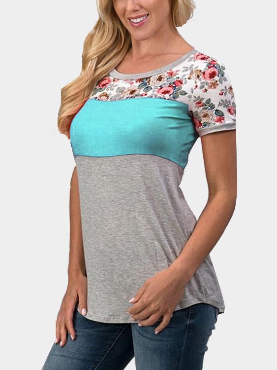 Crew Neck Stripe Floral Print Short Sleeve Blue T-Shirts