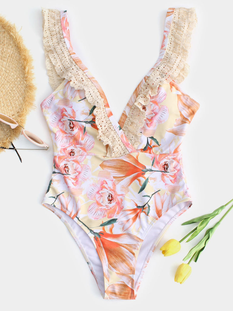 Deep V Neck Sleeveless Floral Print Lace Backless One-Pieces