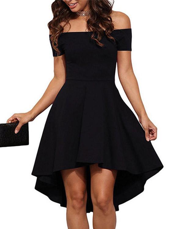 Black Off The Shoulder Short Sleeve Irregular Hem Sexy Dresses