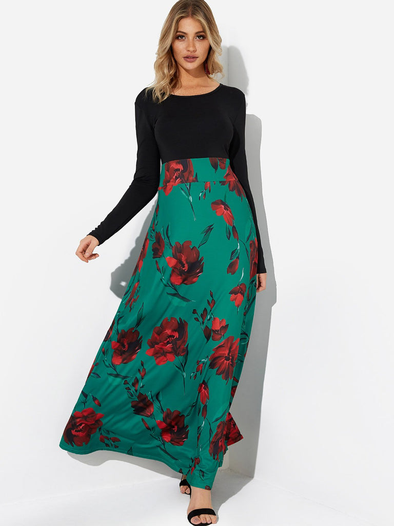Floral Print Round Neck Long Sleeve Dresses
