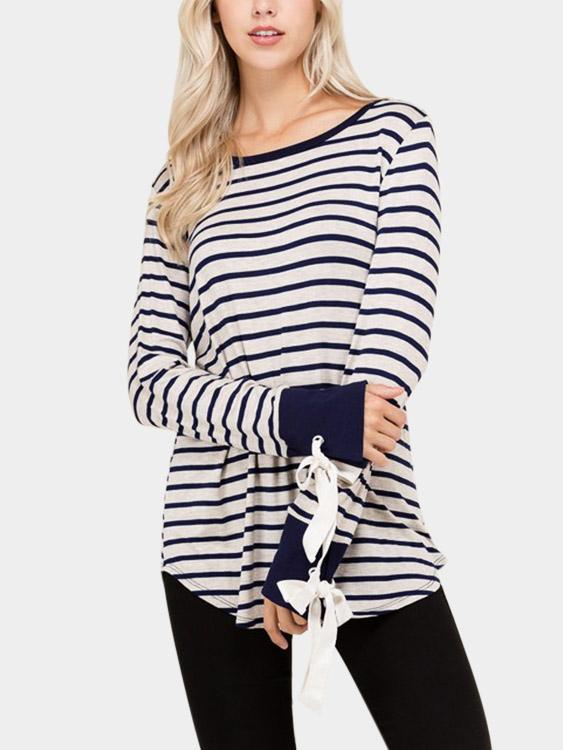 Round Neck Stripe Lace-Up Long Sleeve Curved Hem T-Shirts