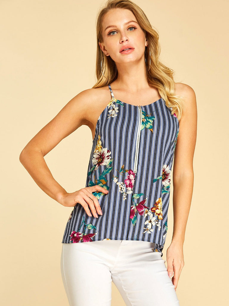 Halter Zip Back Sleeveless Blue Blouses