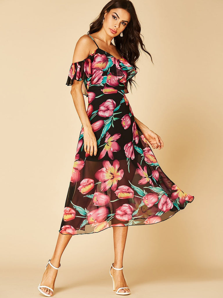 V-Neck Floral Print Backless High-Waisted Dresses