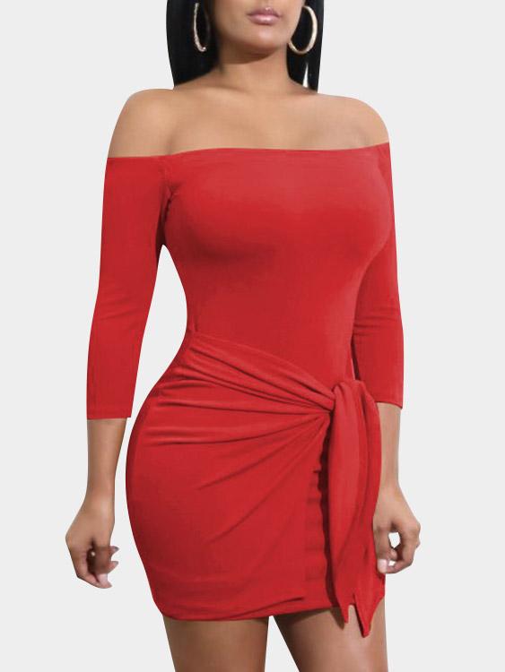 Red Off The Shoulder 3/4 Sleeve Length Bodycon Hem Mini Dress