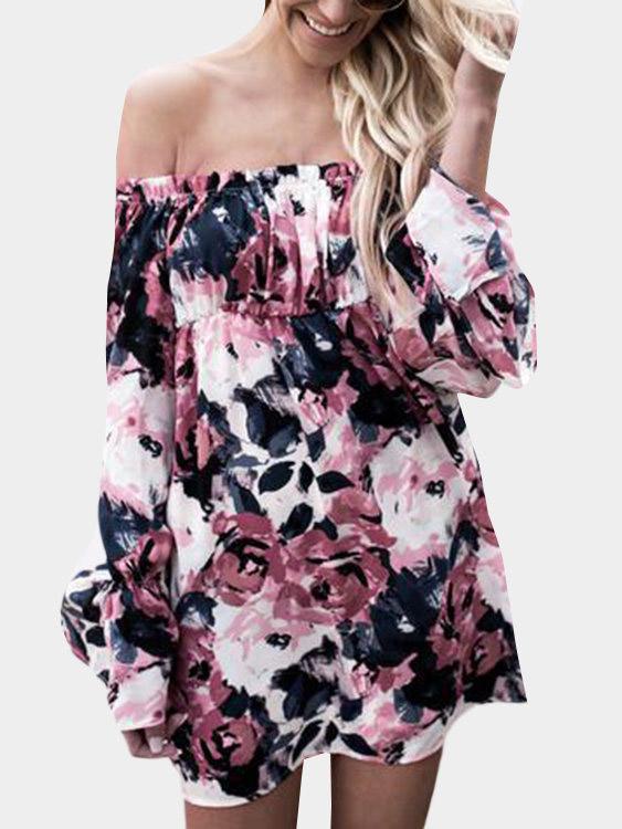 Off The Shoulder Long Sleeve Floral Print Mini Dress