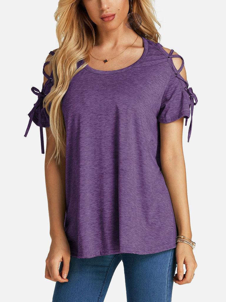 Round Neck Lace-Up Short Sleeve Purple T-Shirts