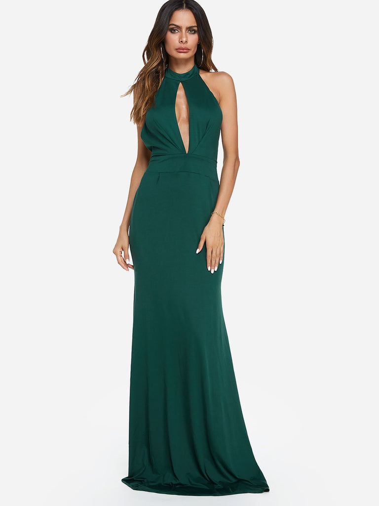Green Halter Sleeveless Plain Zip Back Backless Cut Out Maxi Dress