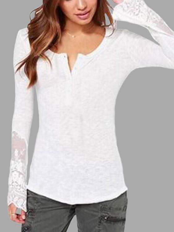Scoop Neck Lace Long Sleeve White Blouses
