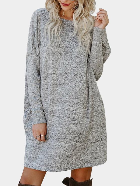 Grey Round Neck Long Sleeve Side Pockets Mini Dress