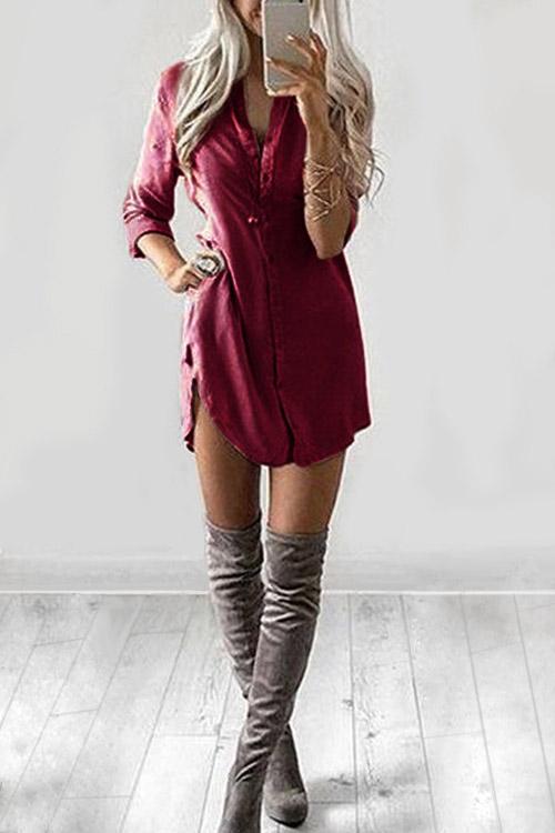 V-Neck Long Sleeve Zip Back Curved Hem Shirt Dress