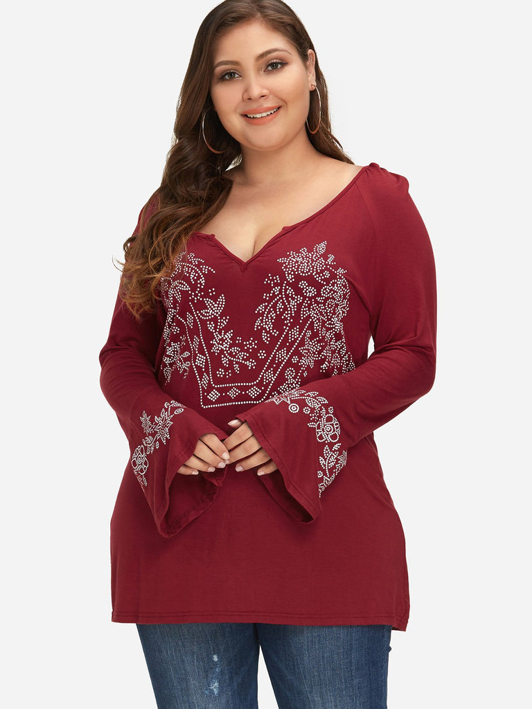 V-Neck Tribal Print Long Sleeve Red Plus Size Tops