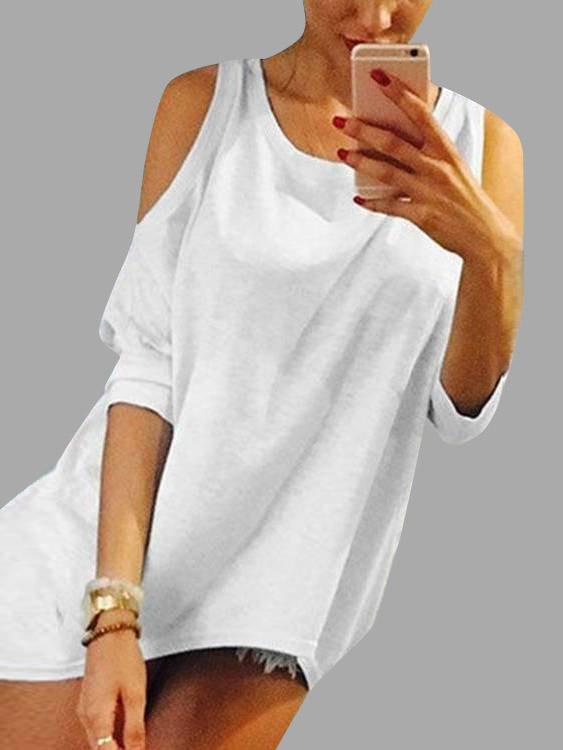 Round Neck Cold Shoulder Plain Cut Out Half Sleeve Curved Hem T-Shirts