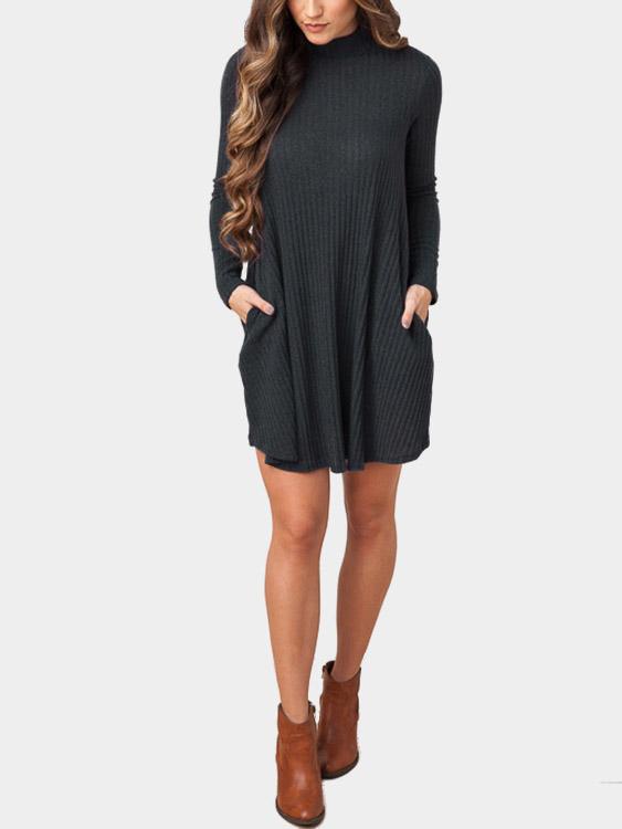 Grey High Neck Long Sleeve Plain Side Pockets Mini Dress