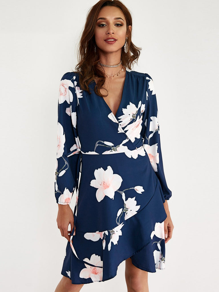 Navy V-Neck Long Sleeve Floral Print Lace-Up Wrap Flounced Hem Dresses