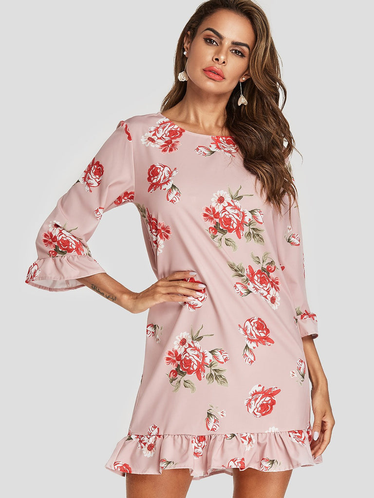 Pink Round Neck 3/4 Sleeve Length Floral Print Flounced Hem Mini Dress