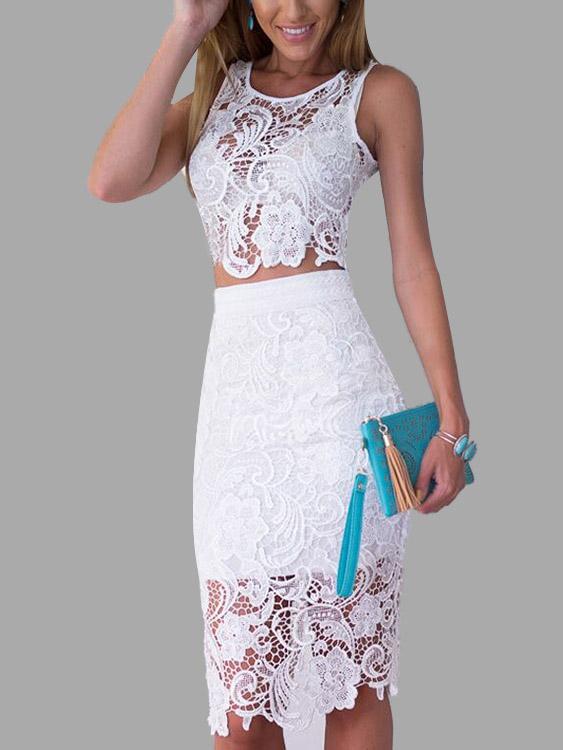 White Crew Neck Sleeveless Lace Two Piece Outfits