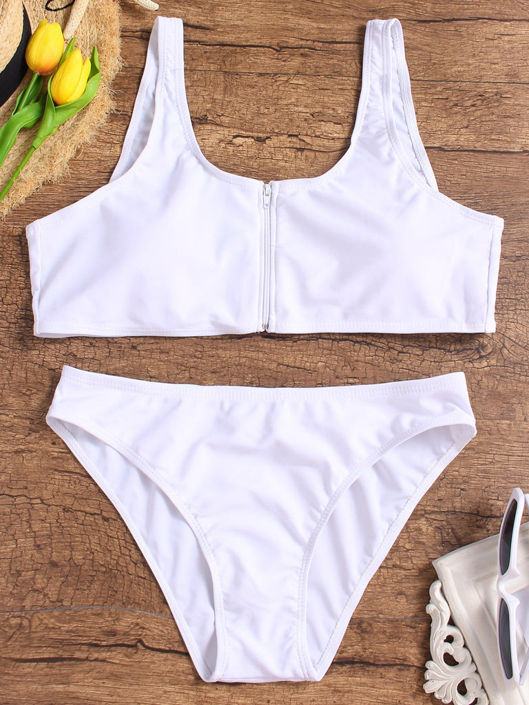 White Scoop Neck Sleeveless Zip Back Two Piece Bikinis