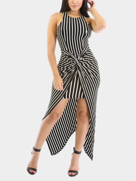 Crew Neck Sleeveless Stripe Maxi Dresses