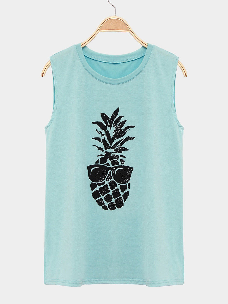 Round Neck Printed Sleeveless Green Camis