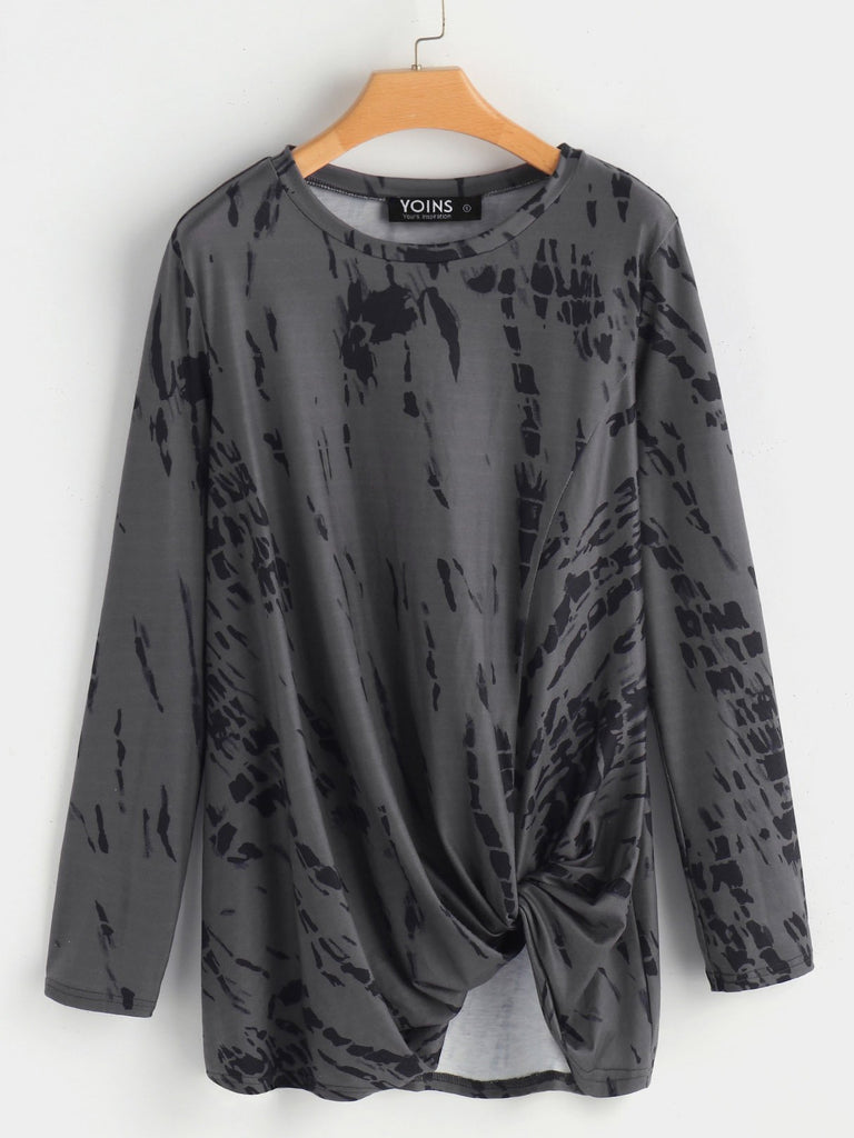 Round Neck Floral Print Crossed Front Long Sleeve Irregular Hem Grey T-Shirts
