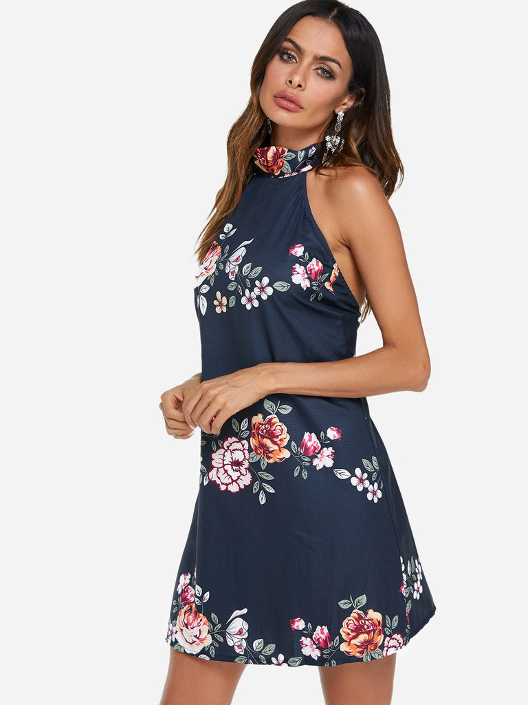 Navy Halter Sleeveless Floral Print Backless Self-Tie Dresses